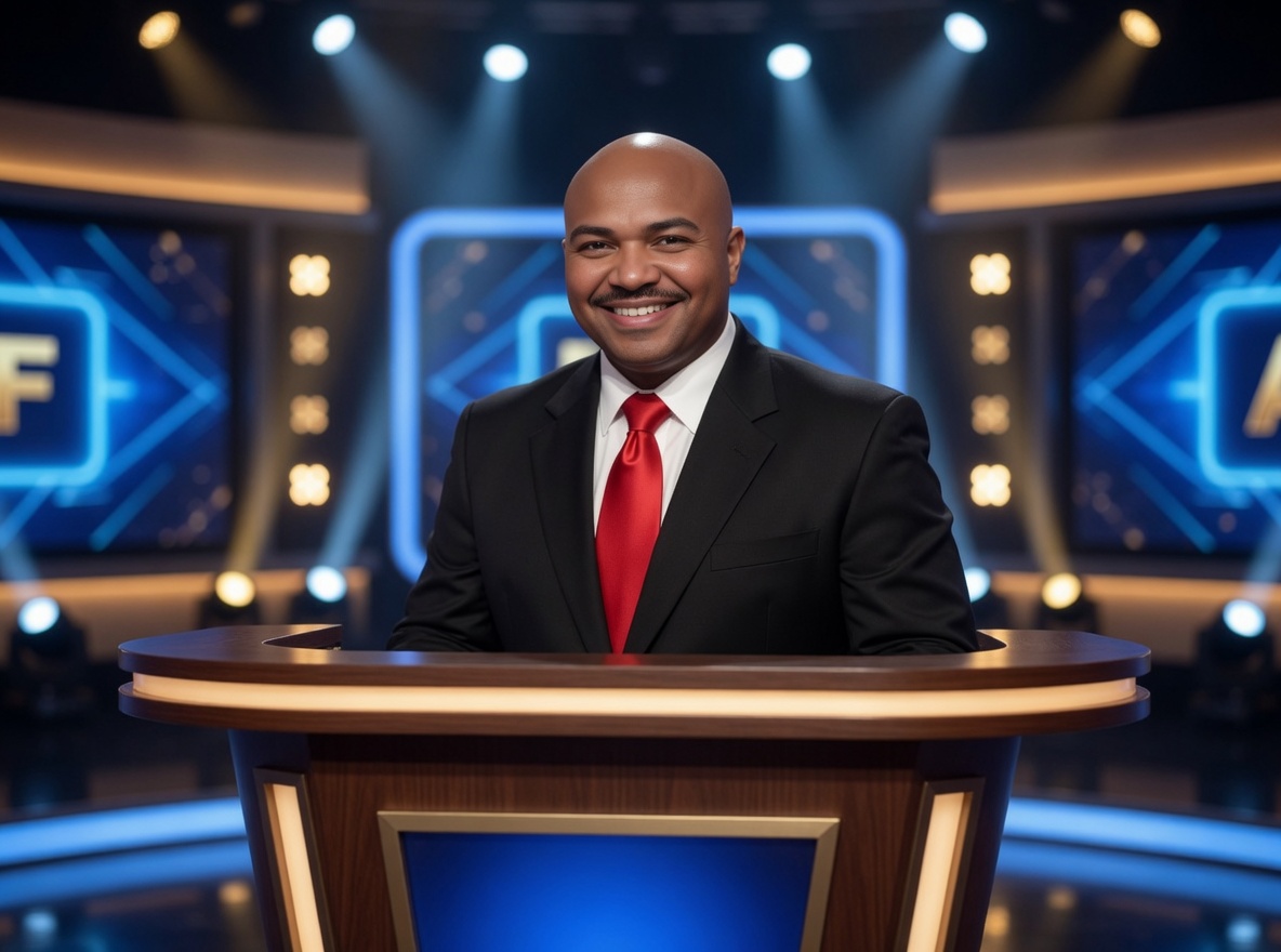 Timothy E. Parker hosting at the podium on a television game-show stage