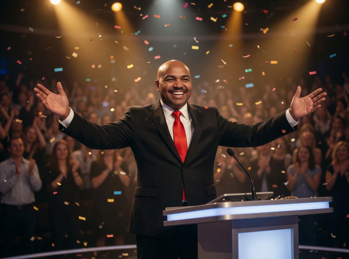 Timothy E. Parker celebrating with arms wide as confetti falls over a cheering audience